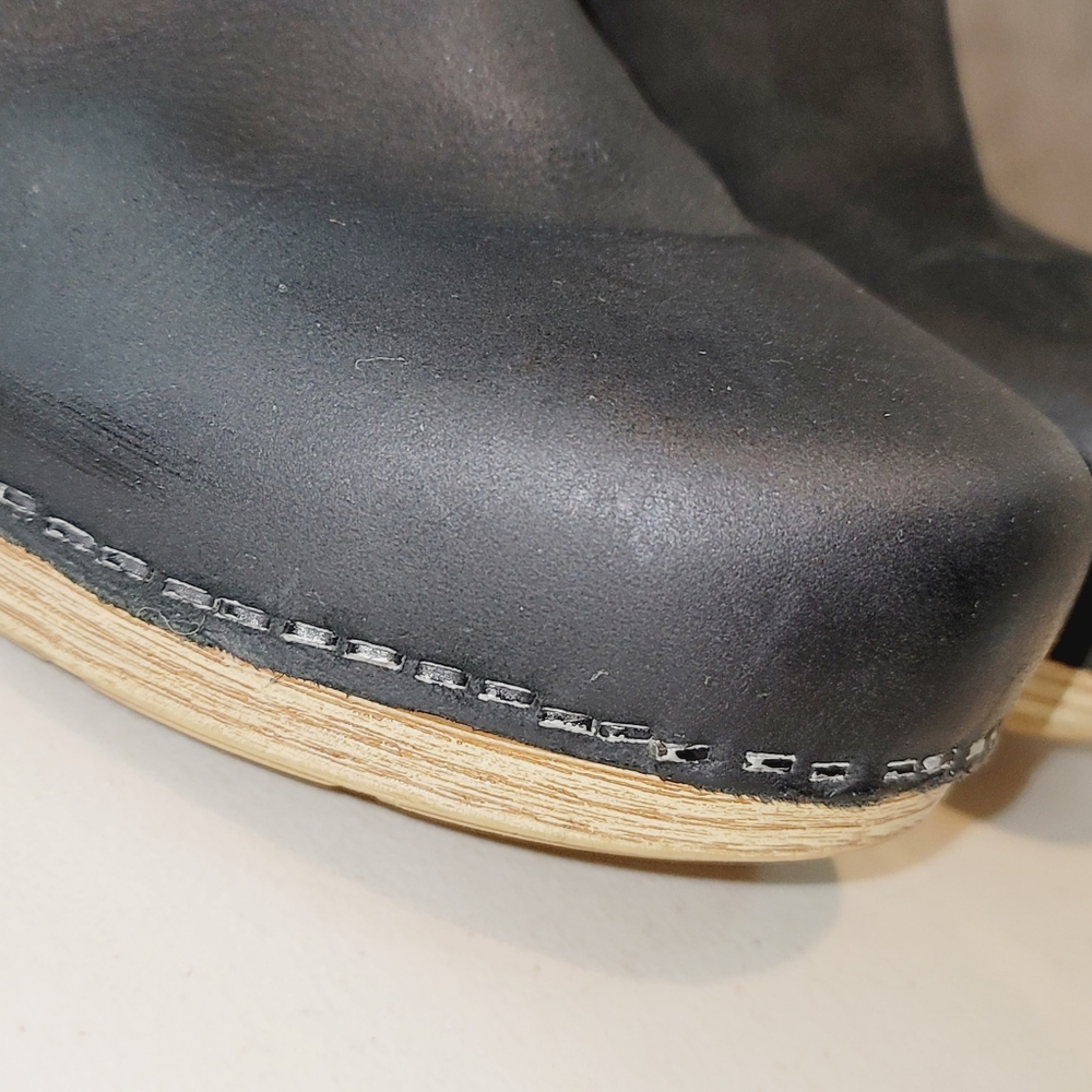Dansko Black Leather Mules with Tan Wooden Heel - Picture 7 of 14